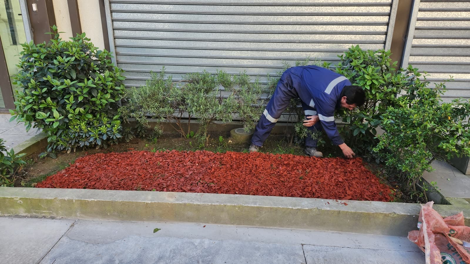 Operario de Decoplant trabajando en la jardinera exterior de un edificio